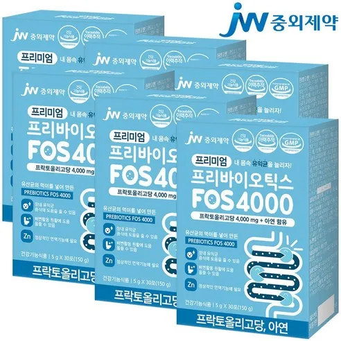 JW중외제약 프리미엄 프리바이오틱스 6박스 FOS 4000 플러스 아연 프락토올리고당 유산균  150g, 6개