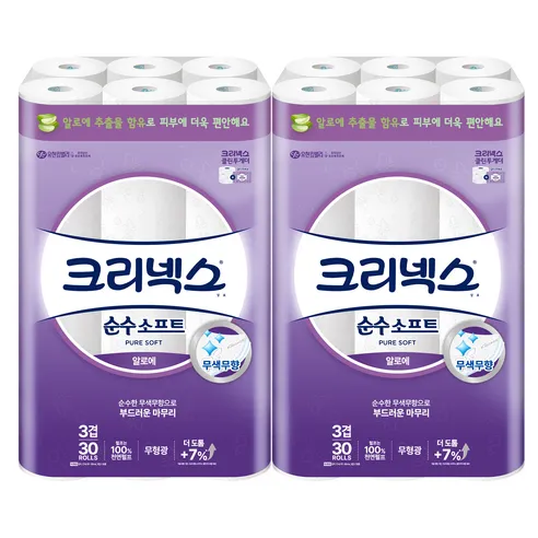 크리넥스 천연펄프 3겹 순수소프트 알로에 27m 롤화장지  30롤, 2팩