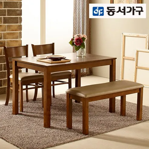 동서가구 원목 우드 4인용 식탁 테이블+의자 2EA+벤치의자 1EA 세트 카카오 DF632653
